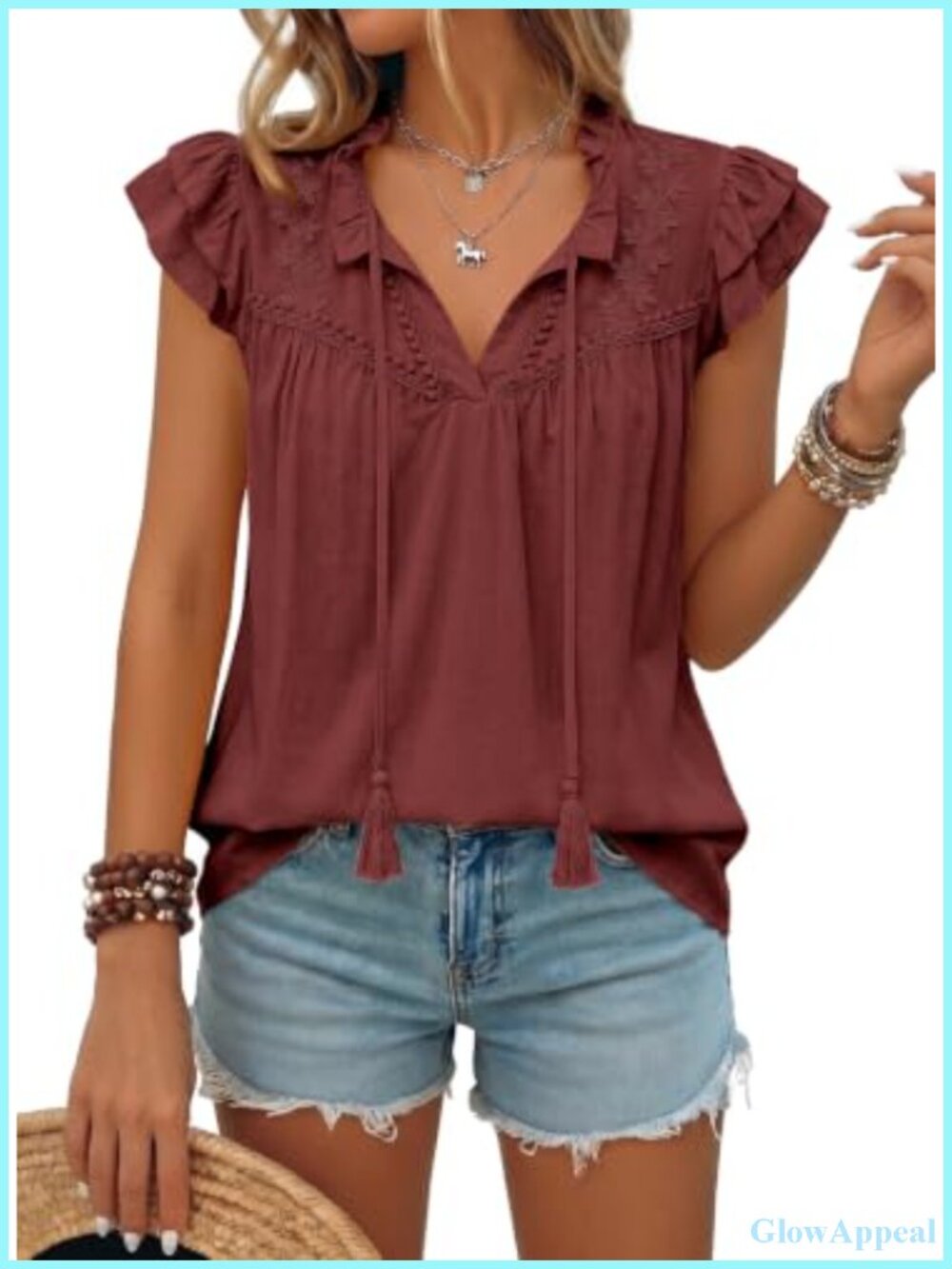 Ruffle Cap Sleeve V-Neck Blouse with Lace Embroidery - 100% Viscose
